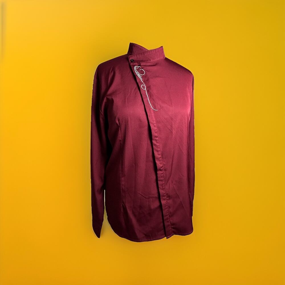 Women’s Burgundy Satin Asymmetrical Mandarin Collar Embroidered Blouse Large